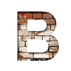 Brick font. The letter B on the background of an old brick wall with peeled paint. Decorative alphabet from old brickwork.
