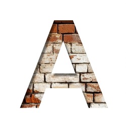 Brick font. The letter A on the background of an old brick wall with peeled paint. Decorative alphabet from old brickwork.