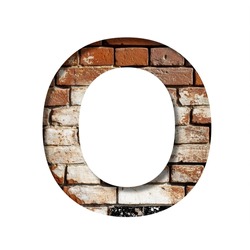 Brick font. The letter O on the background of an old brick wall with peeled paint. Decorative alphabet from old brickwork.