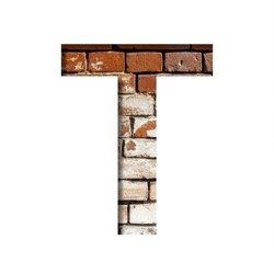 Brick font. The letter T on the background of an old brick wall with peeled paint. Decorative alphabet from old brickwork.
