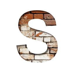Brick font. The letter S on the background of an old brick wall with peeled paint. Decorative alphabet from old brickwork.