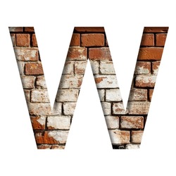 Brick font. The letter W on the background of an old brick wall with peeled paint. Decorative alphabet from old brickwork.