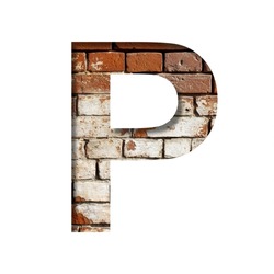 Brick font. The letter P on the background of an old brick wall with peeled paint. Decorative alphabet from old brickwork.