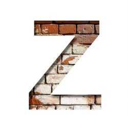 Brick font. The letter Z on the background of an old brick wall with peeled paint. Decorative alphabet from old brickwork.