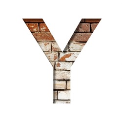 Brick font. The letter Y on the background of an old brick wall with peeled paint. Decorative alphabet from old brickwork.