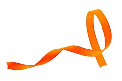 Bright orange curled ribbon close up on white, concept or symbol of health day, copy space