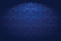 Royal, vintage, Gothic horizontal background in dark blue ultramarine with a classic Baroque pattern, Rococo.With dimming at the edges. Vector illustration EPS 10