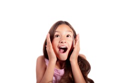 Portrait of surprised, excited, shocked teenage girl looking up isolated on white background                                                   