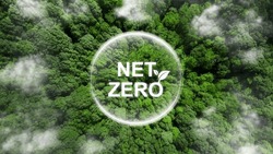 Net zero and carbon neutral concept.Net Zero text in bubbles with forest. for net zero greenhouse gas emissions target Climate neutral long term strategy on a green background. Carbon Neutrality.