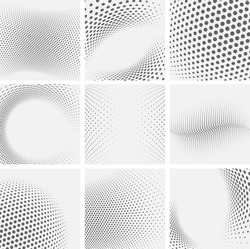 Set of dotted abstract forms. Grunge halftone vector background in black and white colors. Distressed overlay texture. Abstract pattern with circles, waves and swirls. Dot texture. Half tone collect.