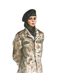 Watercolor portrait of Arabian woman soldier. Hand drawn successful lady in abaya and camouflage form. Painting illustration on white background.