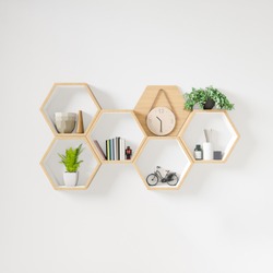 Hexagon wooden shelf, Minimal Japanese style. copy space hexegon, copy space.
