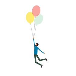 Young man flying with air balloons. Vector illustration isolated on white.
