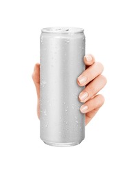 Close-up of hand holding Empty aluminum can with condensation. isolated on white Background. front view.