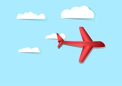Landscape of Red plane on blue sky and clouds in paper style,Vector illustration.