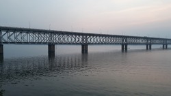 Asia's longest rail and road bridge across the Godavari river in the evening in rajahmundry, India