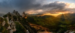 dramatic sunset panorama at the rugged peaks of Gastlosen in the alpine foothills of Fribourg