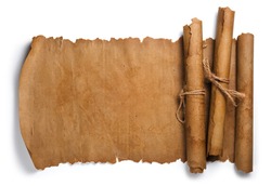 Ancient paper scrolls isolated on a white background. Top view