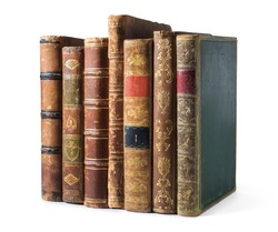 Set of antique books isolated on a white background. Very old book covers. Clipping path included.