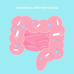 Intestines with microbiota. Cartoon style. Vector hand drawn illustration.