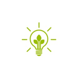 Green contour of shining electric light bulb with three green leaf. Isolated on White. Flat outline icon. Vector illustration. Go green. Eco friendly. World environment day