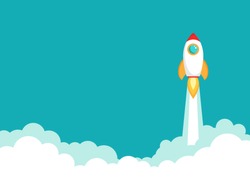 Rocket ship flies up with sky clouds on blue background. Flat icon. Vector illustration with flying shuttle. Space travel. Space rocket launch. New project start up concept. Creative idea.