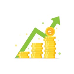 golden euro coins stack with arrow up. Flat icon isolated on white. Economy, finance, money, investment symbol. Currency growth diagram concept. Vector illustration.
