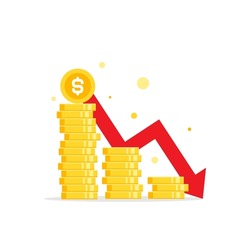 golden dollar coins stack and down arrow. Flat vector icon isolated on white. Economy, finance, money symbol. Currency pictogram. Vector illustration. decrease, fall symbol.