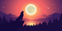 wolf is howling to the moon by the lake at starry sky vector illustration EPS10