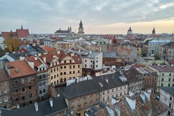 Roofs of old town of Lublin, Poland, quad copter view.