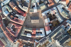 Roofs of old town of Lublin, Poland, quad copter view. 