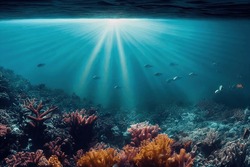 Underwater coral reef background. Deep sea or ocean wildlife ecosystem with seaweed and tropical fish. Undersea depth landscape under sunlight beam