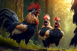 Cuckooing roosters on street on farm rooster portrait