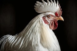 Poultry head white rooster portrait with red and white crest on black background