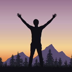 Realistic silhouette of a man welcoming sunrise in a mountain landscape with a forest - vector