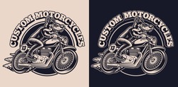 A black and white emblem with a wolf on a motorcycle for a biker theme, this design can be used as shirt print, as a logotype, and for many other uses.