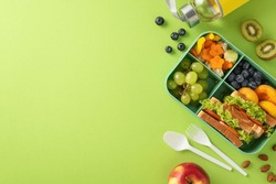 Whet appetites with above view picture of lunchbox packed with delectable sandwiches, colorful fruits, vegetables and water bottle on light green backdrop, offering ample space for text or promotion