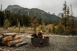 Bonfire in campsite in Banff National Park - Alberta, Canada