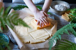 Cute little boy's hands holding a cookie cutter and cutting out cookies from raw dough with fern leaves pattern. Cooking by children concept