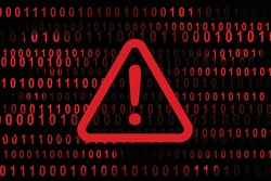 alert warning sign with digital binary code in the background. Exclamation mark. Hacker, ransomware malware, ddos attack cyber incident cybersecurity systems vulnerability malicious encryption concept