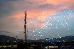 Telecommunication Tower for 2G 3G 4G 5G network during sunset. Antenna, BTS, microwave, repeater, base station, IOT. Technology concept in internet and mobile communication.