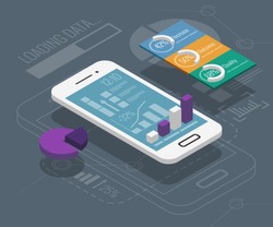 Market trend analysis on smartphone with graphs in isometric flat design style on colored background, vector infographic, eps10.