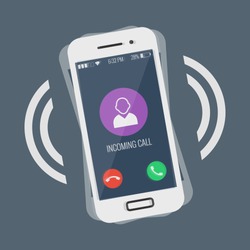 Ringing smartphone flat design vector illustration isolated on colored background. Incoming call on mobile phone device, can be used as icon, symbol, logo or web design and infographic element, eps10.