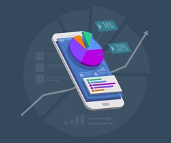 Business trend analysis on smartphone screen with graphs, perspective flat design infographic on colored background. Mobile phone with radial pie chart diagram conceptual vector illustration, eps10.