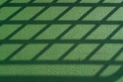 Light spilled through the steel fence of railings. Saw a shadow on green concrete floor like net texture to strip of shadow on cement.