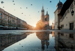 Market square and St. Mary's Basilica in Krakow, Poland.