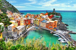 Beautiful view of Vernazza .Is one of five famous colorful villages of Cinque Terre National Park in Italy, suspended between sea and land on sheer cliffs. Liguria region of Italy.