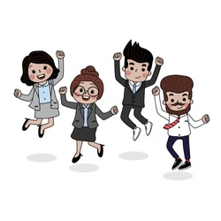 Business people are happy with theirs success.  Cute teamwork character set. Women and men in office outfit. Group of worker jump. 