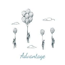 Advantage. People fly up on balloons. Vector business concept hand drawn sketch.
