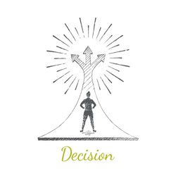 Decision, choice. A woman is standing on a large arrow that rises to the sky. The arrows diverge in three directions. Vector illustration, business concept, hand drawn sketch.